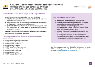 Fiche de paramétrage DSN standard, codes métier et codes classification pour les caisses métropolitaines et la caisse nationale des Coopératives